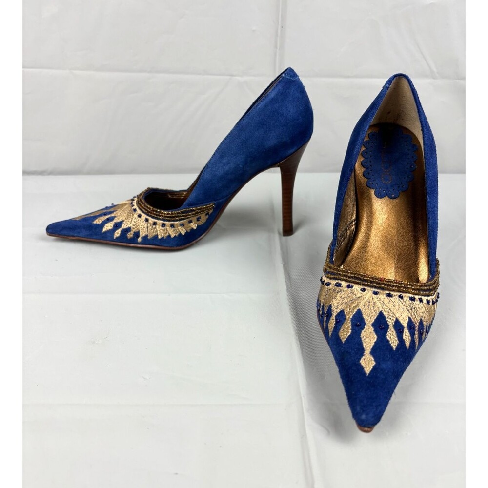 Aldo Blue Leather Suede Stiletto Heels Pumps EU 35 US 5 Gold Embroidered Beaded